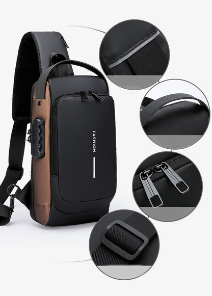 Men's Sling Bag Chest Shoulder Backpack Crossbody Bag W/USB Charging Port and Coded Lock