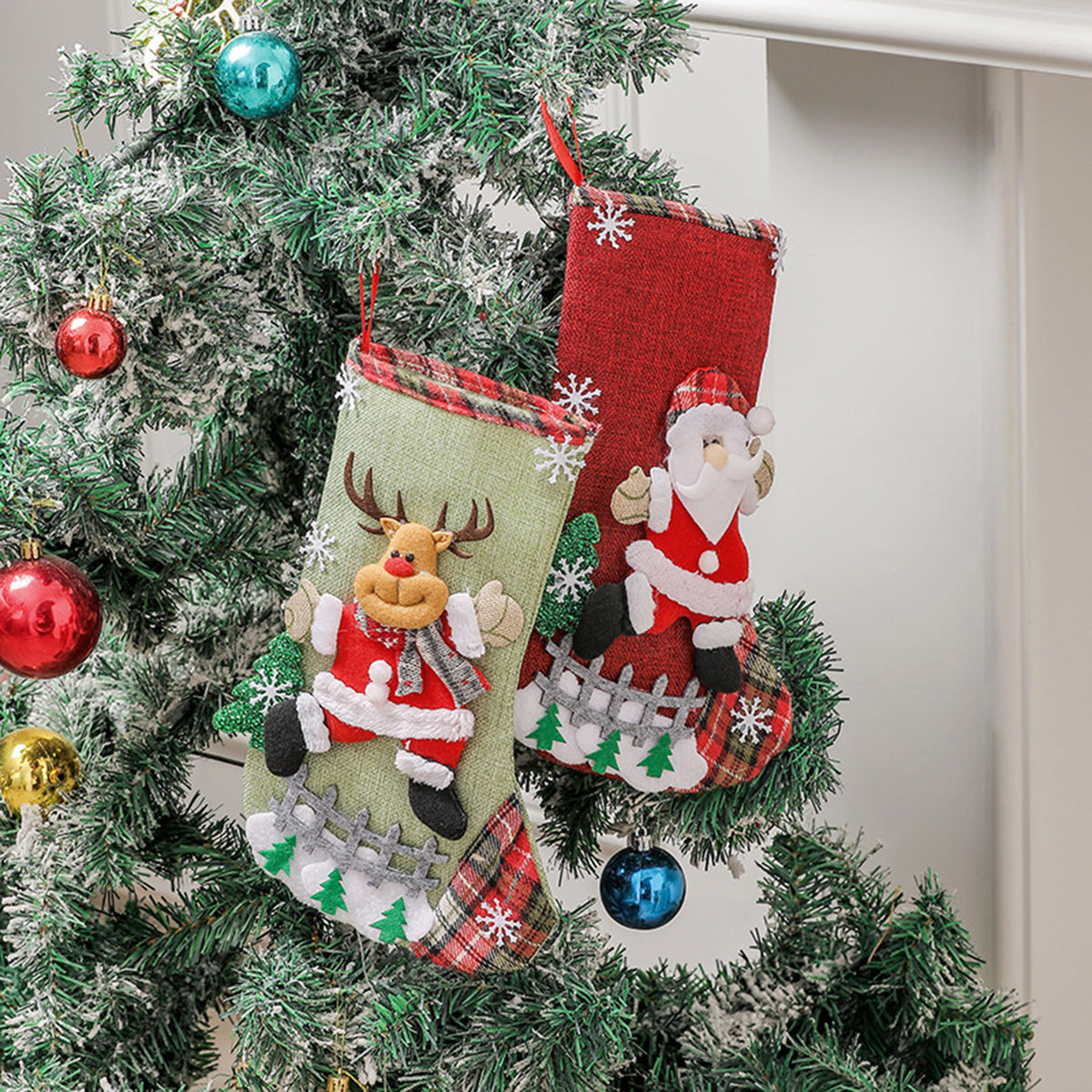 Christmas Stockings with Santa Snowman, Xmas Ornaments for Fireplace Tree Hanging