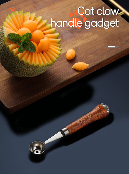 Small Round Fruit Scoop Melon Scoop Ice Cream Scoop Fruit Gadget W/ Cat Claw Shaped Wood Handle