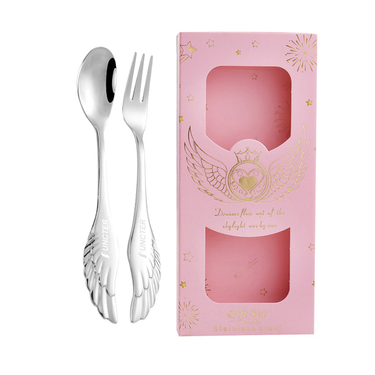 Silver Angel Wing Spoon Fork Flatware Set Tableware Pink Gift Box Set of 2