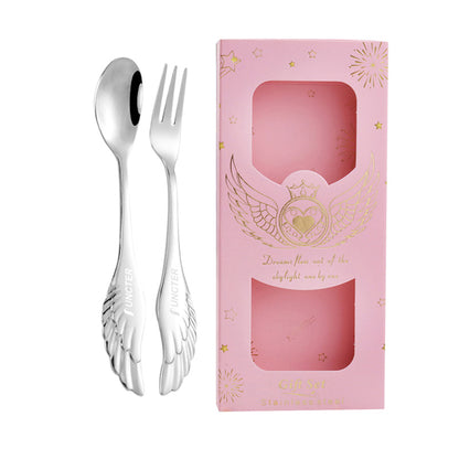 Silver Angel Wing Spoon Fork Flatware Set Tableware Pink Gift Box Set of 2