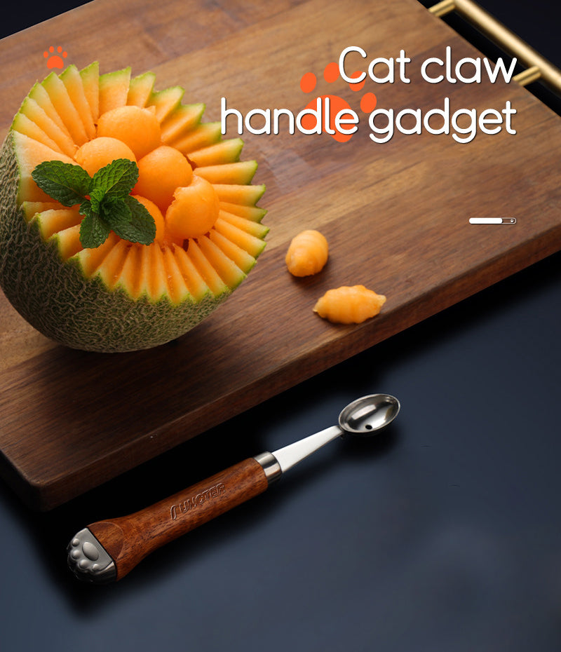 Oval Fruit Scoop Melon Scoop Ice Cream Scoop Fruit Gadget W/ Cat Claw Shaped Wood Handle