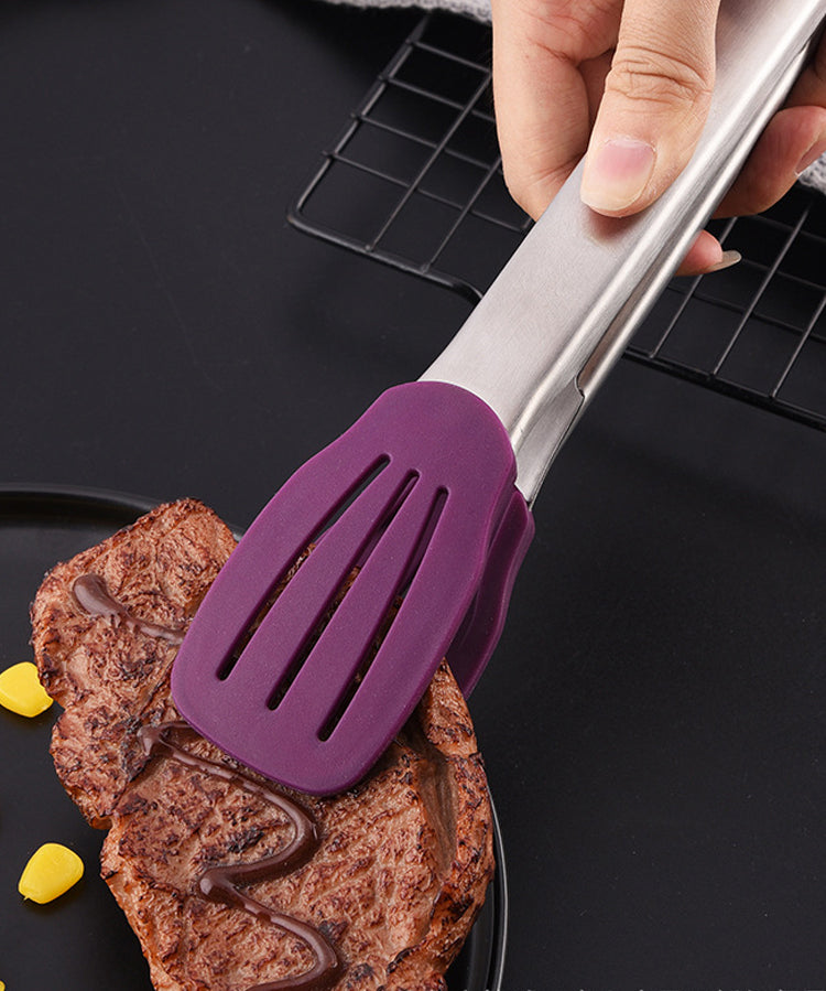 12" 304 Stainless Steel Food Tongs w/Silicone Locking Clip Barbeque Kitchen Tongs (Strip-shaped)