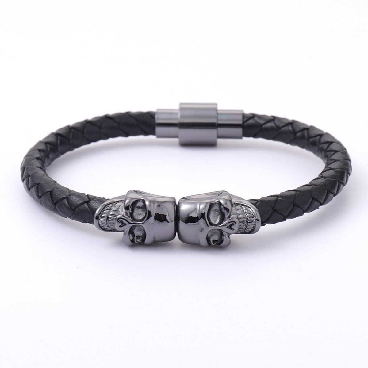 Double Skull Leather Woven Bracelet