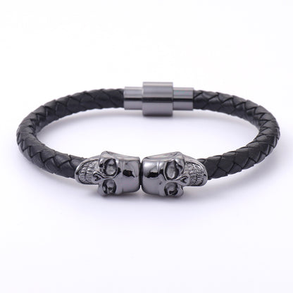 Double Skull Leather Woven Bracelet