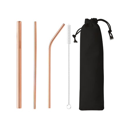 4-Piece 304 Stainless Steel Drinking Flatware Straw Set W/Drawstring Bag(Gold & Rose Gold & Rainbow)