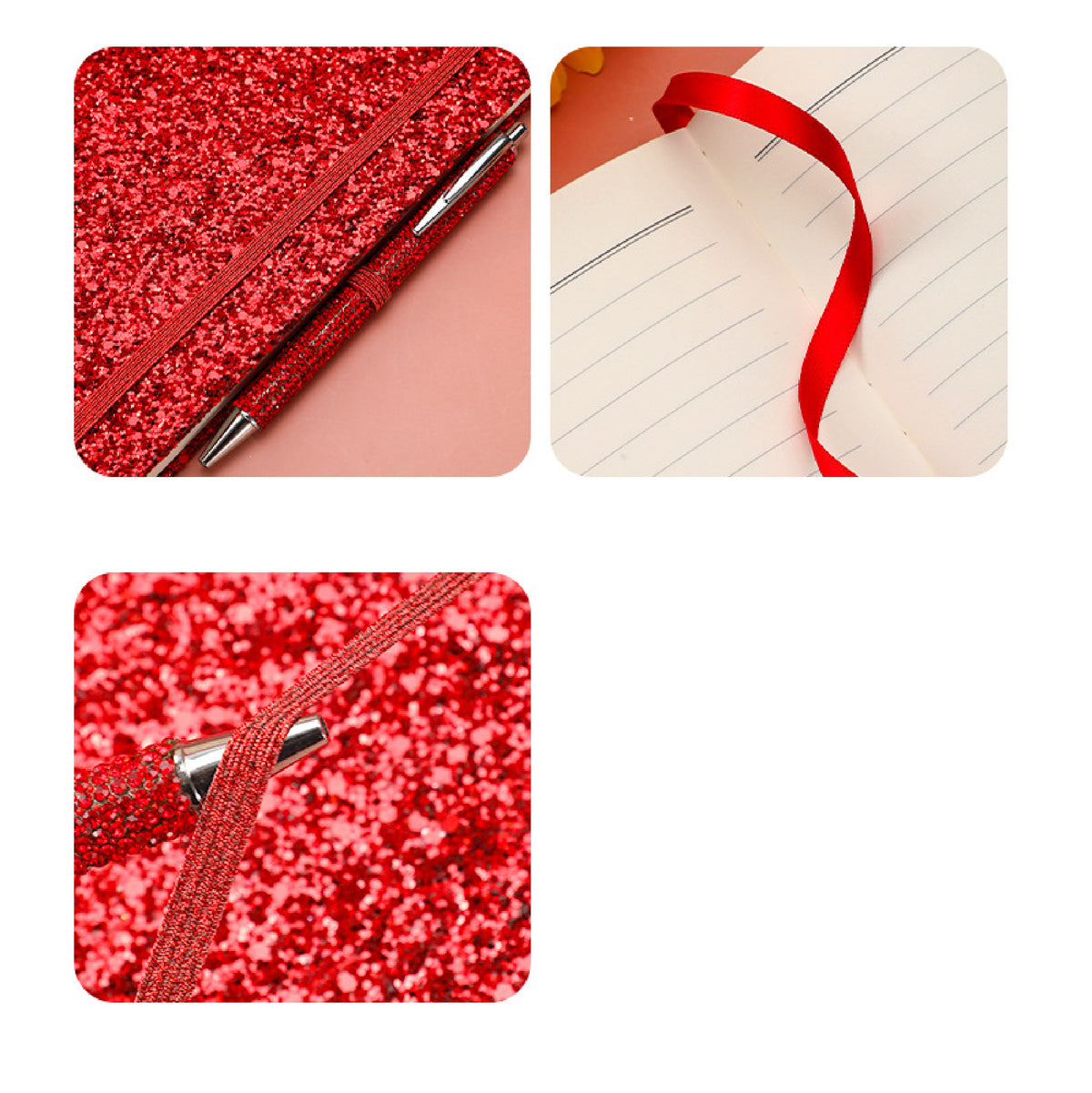 Glittered Notebook A5 Ruled Lines Journal w/Band Pen Loop Hardcover Notebook