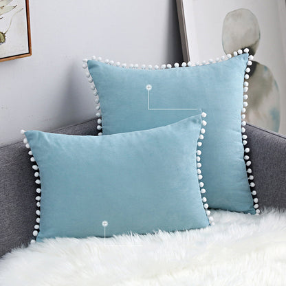 Full Printed 15 x 8" Pompoms Pillowcase Velvet Ball Tassel Trimmed Pompom Fringe Cute Pillowcase