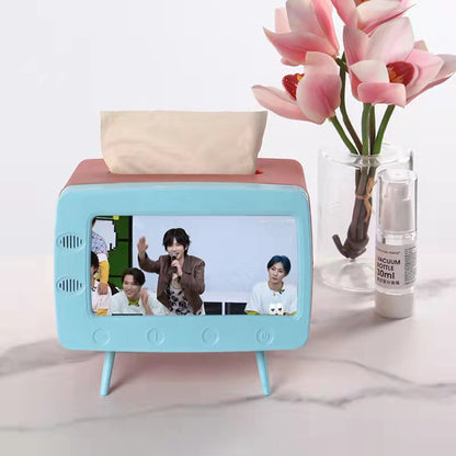TV Shape Tissue Holder Phone Holder Stand Facial Tissue Box Cover for Home Office Kitchen Desktop