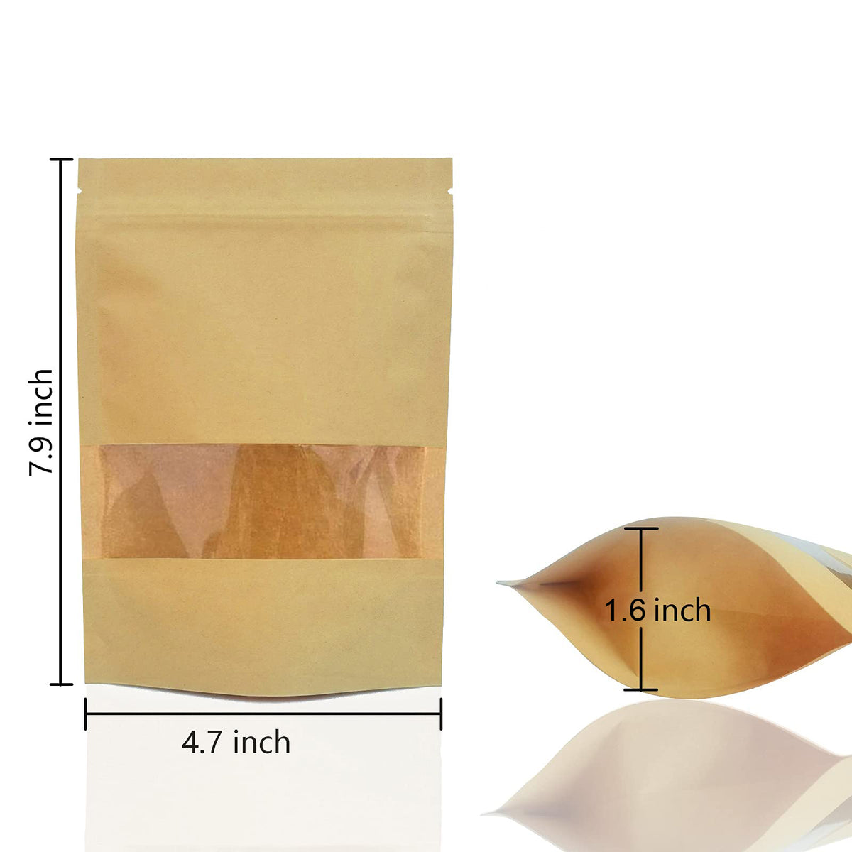 4.7 x 7.9" Kraft Bags with Window Stand Up Ziplock Seal Paper Bag Resealable Food Storage Pouch