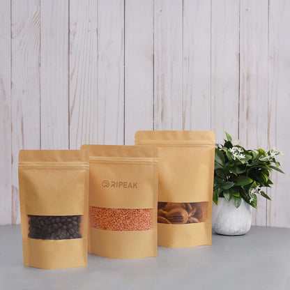6.3 x 8.7" Kraft Bags with Window Stand Up Ziplock Seal Paper Bag Resealable Food Storage Pouch