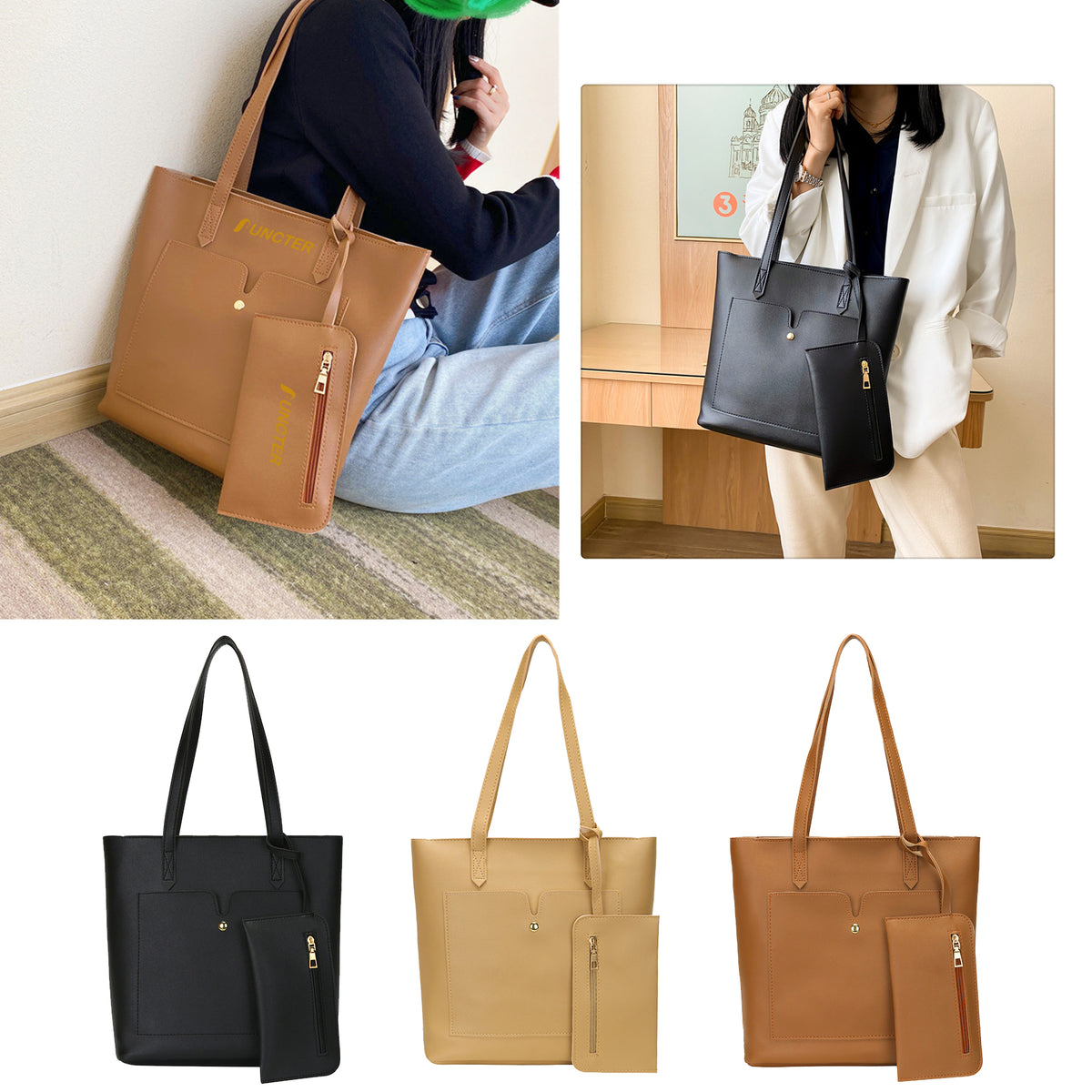Women PU Leather Single Shoulder Bag W/ small pouch
