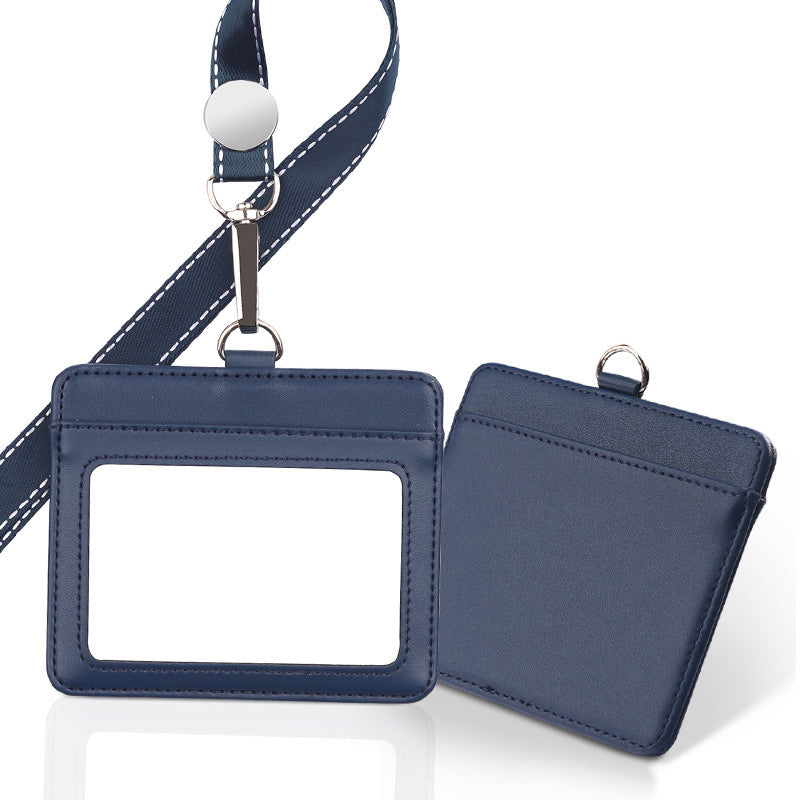 Horizontal Leather Employee's ID Badge Holder Card Holder With Lanyard