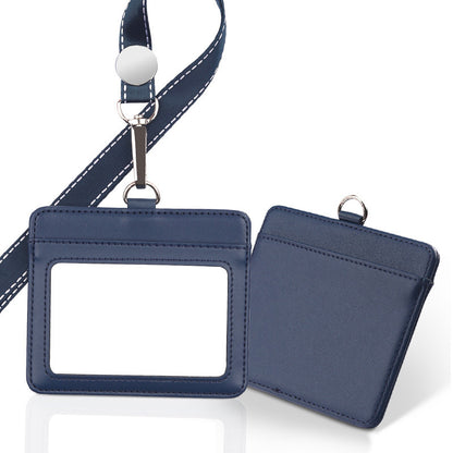 Horizontal Leather Employee's ID Badge Holder Card Holder With Lanyard