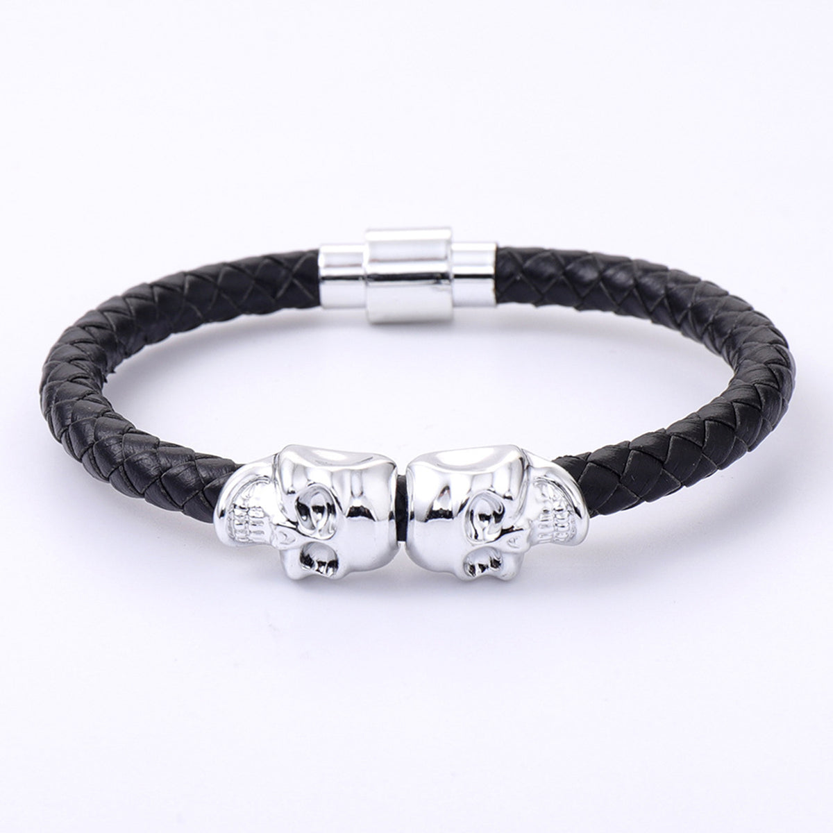 Double Skull Leather Woven Bracelet