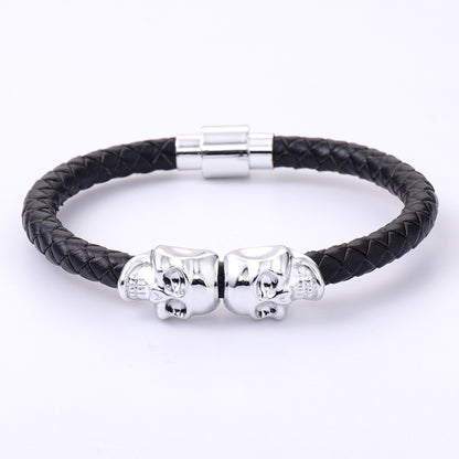 Double Skull Leather Woven Bracelet