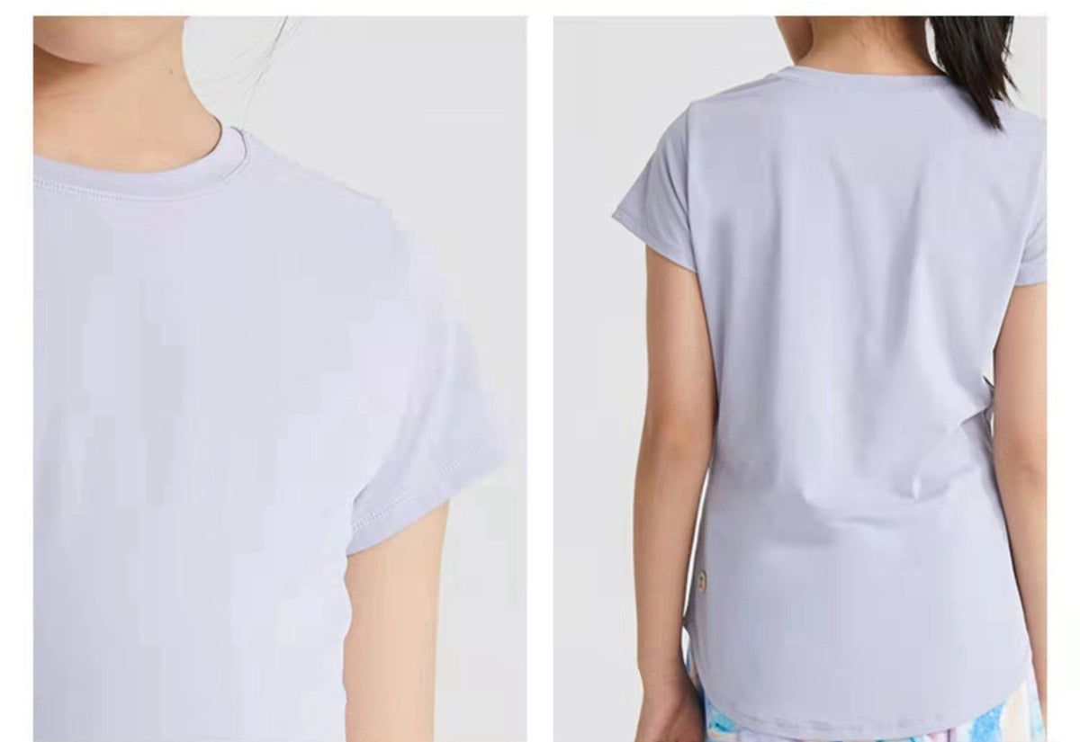 Teens Yoga Ice Touch Lotus Leaf Hem Short Sleeve Quick Dry Running Sports Fitness T-shirt