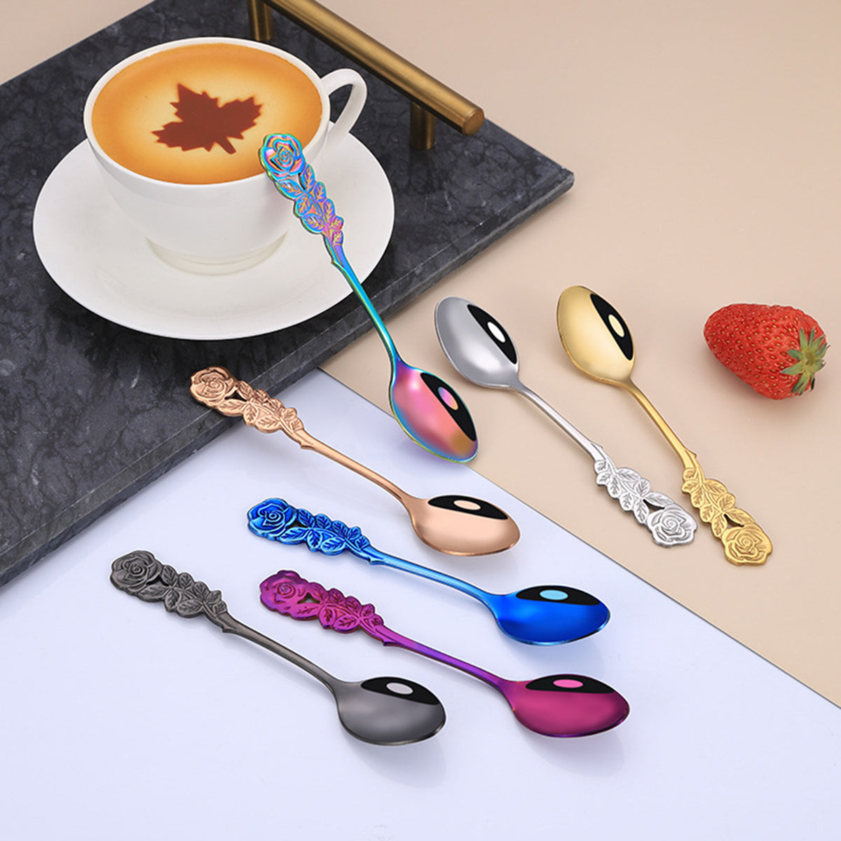 Coffee Spoons Stainless Steel Rose Handle Teaspoons Durable Dessert Spoons