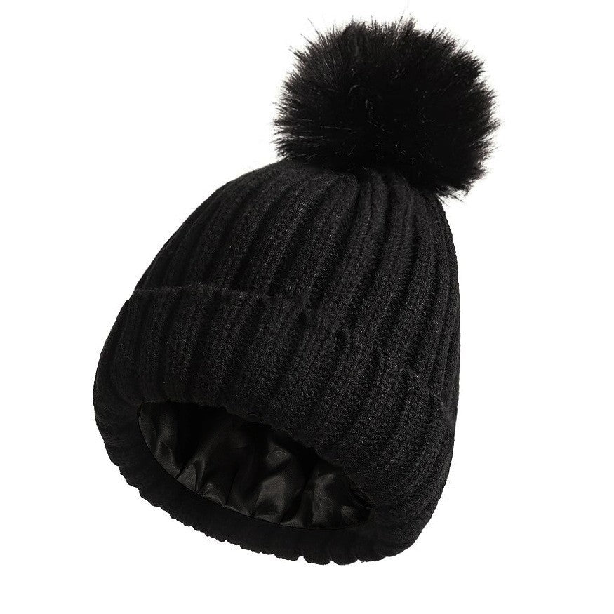 Adult Winter Knitted Beanie Hat with Faux Fur Pom