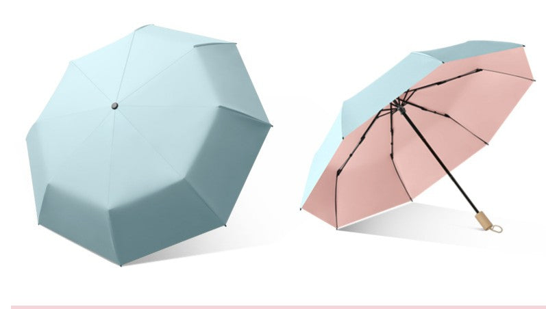 Windproof Solid Wood Handle Solid Color Three Fold Umbrella