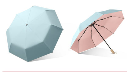 Windproof Solid Wood Handle Solid Color Three Fold Umbrella