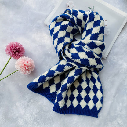 63" Polyester Checkerboard Plaid Scarf Cable Knitted Scarf Wrap Chunky Long Warm Scarf-Woven Label