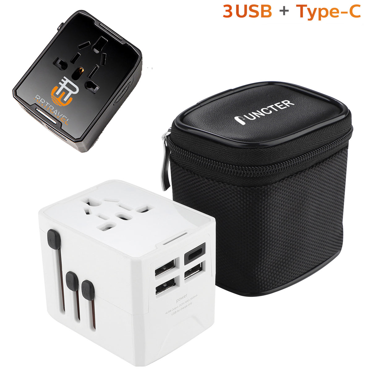 20W FCC Universal Travel Adapter W/3 USB Ports & 1 Type C Port W/A Black Case