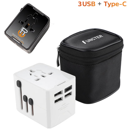 20W FCC Universal Travel Adapter W/3 USB Ports & 1 Type C Port W/A Black Case