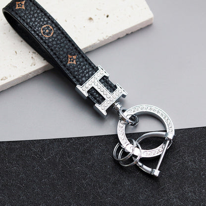 PU leather cord keychain With diamond Ring