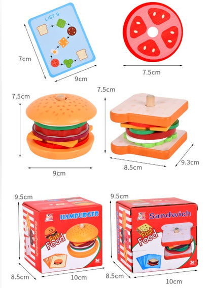 Wooden Sandwich/ Burger Stacking Toy Kids Pretend Play Food Set W/ Order Cards