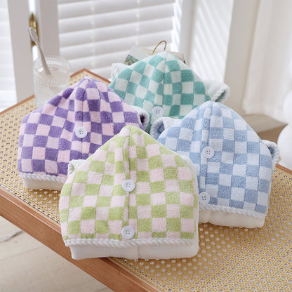 Microfiber Checkerboard Plaid Hair Towel Warp Hair Shower Cap Quick Dry Hair Turban with Button