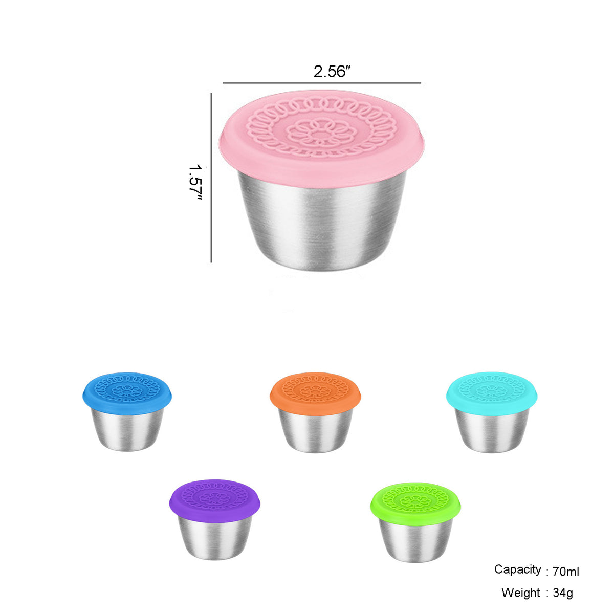 2.3 oz. 304 Stainless Steel With Multi-color Optional Silicone Lid Dipping Bowl