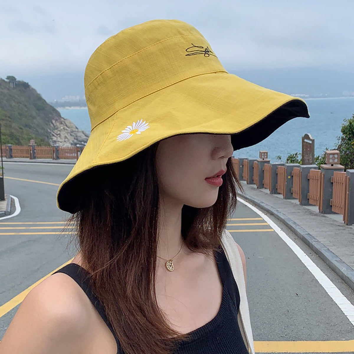 Sun hat Womens,Women Hats with Brim Ponytail Hole UV Protection Embroidered Little Daisy