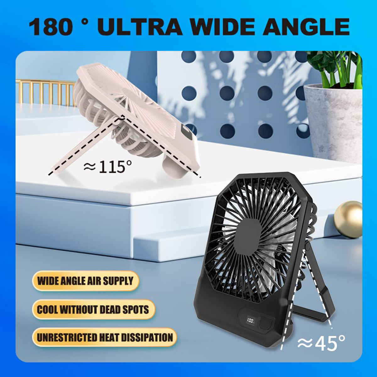 Desk Fan Battery Operated Portable USB Rechargeable Personal Fan w/ Power Display