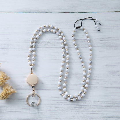 Natural Stone Beaded Necklaces Teacher Retractable Lanyard ID Badge Strap