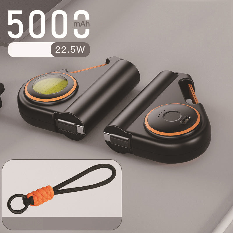 5000mAh Mini Power Bank With Retractable USB-C cable WIth Illumination light With Woven Carabiner