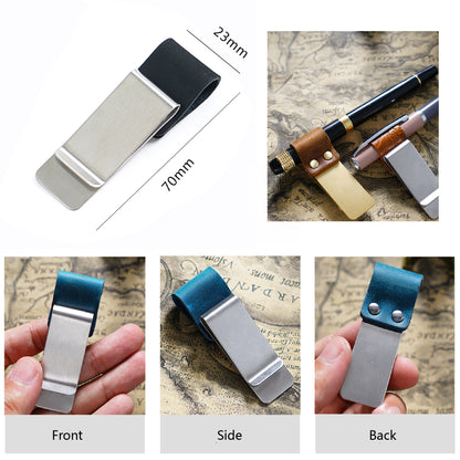 Retro Style Matt Leather Pen Holder Traveler Notebook Pen Loop Brass Clip Soft Leather Money Clip