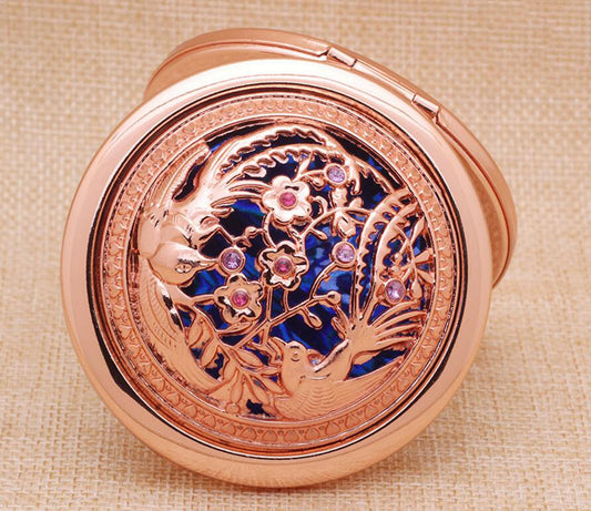 Rose Gold Color Foldable Vintage Makeup w/Rhinestone Bling Mirror