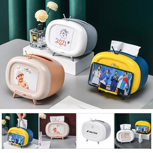 Tissue Box Cover Retro TV Phone Holder Stand for All Phones Unique Multifunction Tissue Box Holder