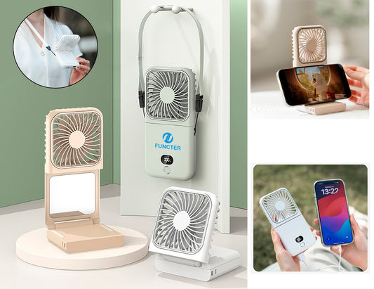 4" 1 Portable Handheld Fan Foldable Neck Fan W/ Phone Stand Holder, Mirror, 2500mAh Power Bank