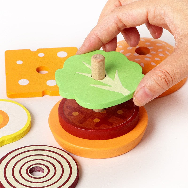 Wooden Sandwich/ Burger Stacking Toy Kids Pretend Play Food Set W/ Order Cards