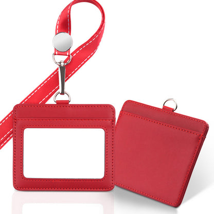 Horizontal Leather Employee's ID Badge Holder Card Holder With Lanyard