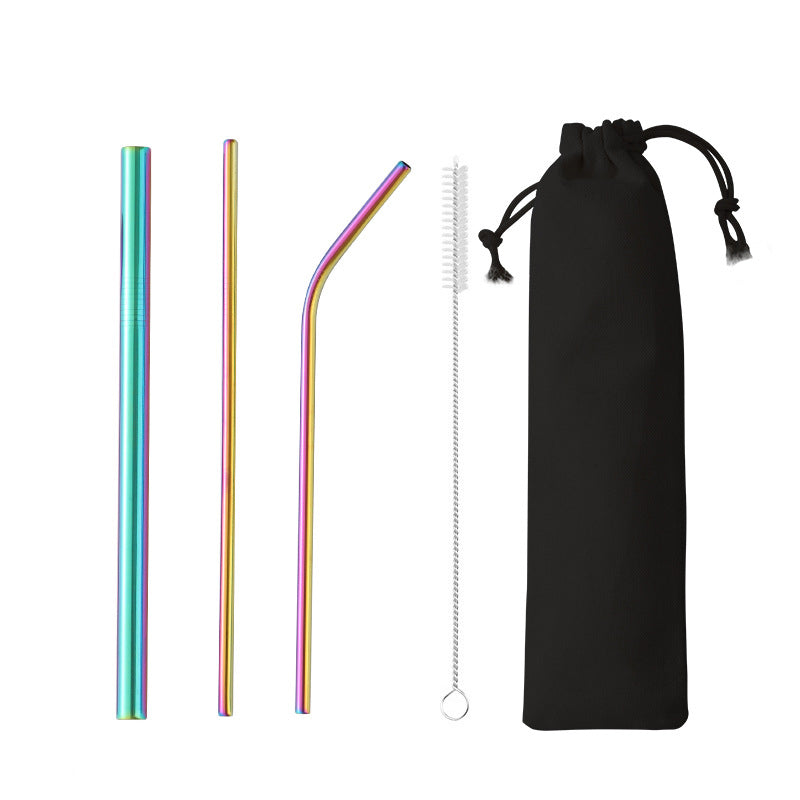 4-Piece 304 Stainless Steel Drinking Flatware Straw Set W/Drawstring Bag(Gold & Rose Gold & Rainbow)