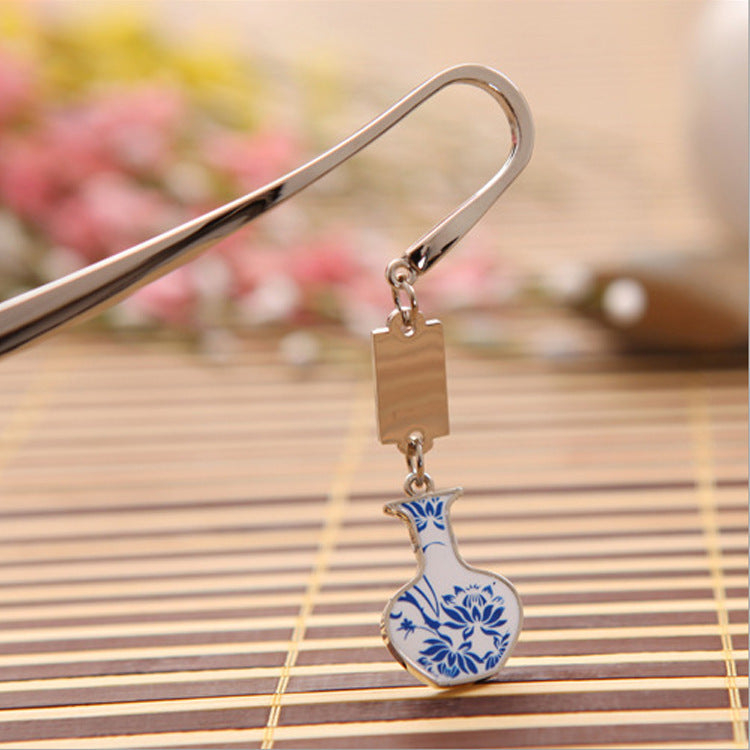 Metal Bookmark With Blue And White Porcelain Pendent