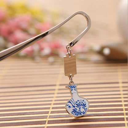 Metal Bookmark With Blue And White Porcelain Pendent