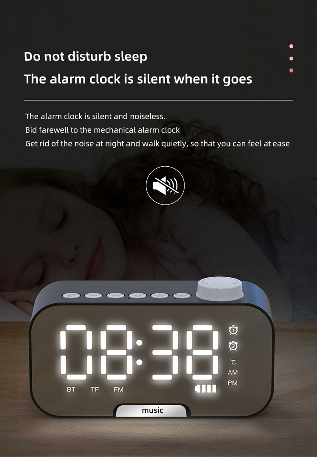 2000 mAh Digital LED Mirror Radio Alarm Clock Wireless Speaker W/Knob And Phone Bracket