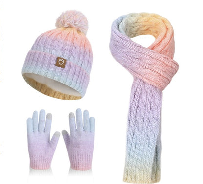 Children Cable Knit Beanie W/ Pom-pom Hat Scarf Gloves Set