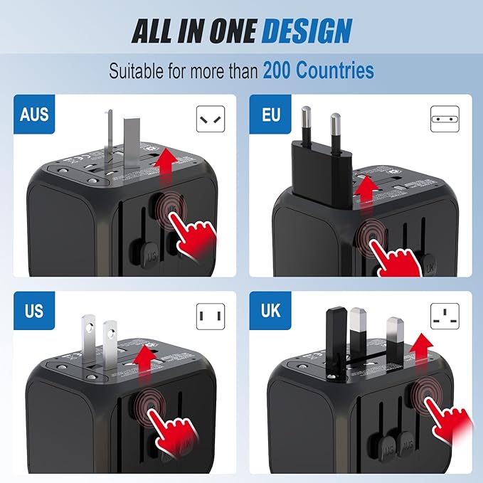 International Travel Adapters W/2 USB Ports & 2 Type C Ports 100V-250V (EU UK USA AU Plug)