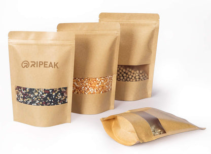 6.3 x 10.2" Kraft Bags with Window Stand Up Ziplock Seal Paper Bag Resealable Food Storage Pouch