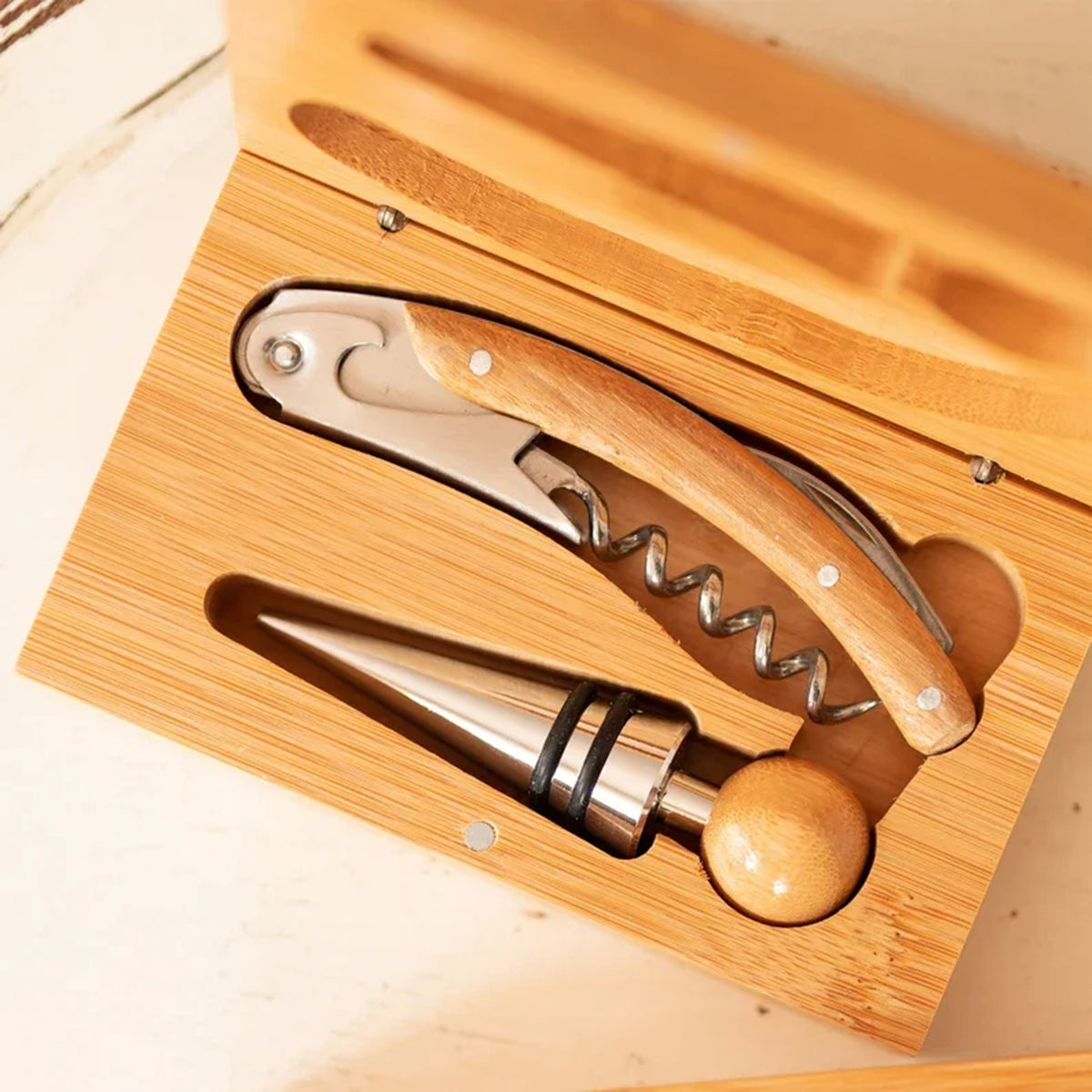 2 Piece Bamboo Wine Opener Accessory Set w/ Box